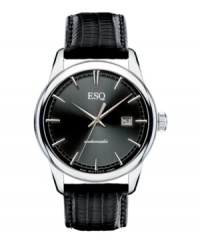 Luxury emanates from every rich detail of this exquisite Chronicle watch by ESQ by Movado. Black teju lizard-embossed leather strap and round stainless steel case with exhibition back and sapphire crystal. Anthracite gray dial features applied silvertone stick indices, printed minute track, date window at three o'clock, silvertone hands and logo at twelve o'clock. Swiss automatic movement. Water resistant to 50 meters. Two-year limited warranty. Luxury emanates from every rich detail of this exquisite Chronicle watch by ESQ by Movado. Black teju lizard-embossed leather strap and round stainless steel case with exhibition back and sapphire crystal. Anthracite gray dial features applied silvertone stick indices, printed minute track, date window at three o'clock, silvertone hands and logo at twelve o'clock. Swiss automatic movement. Water resistant to 50 meters. Two-year limited warranty.