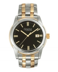 Caravelle by Bulova modernizes a classic watch with a sleek, black dial. Stainless steel bracelet with gold-plated center links and round case. Black dial features gold tone stick indices, minute track, date window at three o'clock, gold tone hour and minute hands, sweeping second hand and logo. Quartz movement. Water resistant to 30 meters. Two-year limited warranty. Caravelle by Bulova modernizes a classic watch with a sleek, black dial. Stainless steel bracelet with gold-plated center links and round case. Black dial features gold tone stick indices, minute track, date window at three o'clock, gold tone hour and minute hands, sweeping second hand and logo. Quartz movement. Water resistant to 30 meters. Two-year limited warranty.