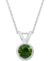 Burst onto the style scene. A round-cut, bezel-set green diamond (1/2 ct. t.w.) shines in a luminous 14k white gold setting. Approximate length: 18 inches. Approximate drop: 3/8 inch. Burst onto the style scene. A round-cut, bezel-set green diamond (1/2 ct. t.w.) shines in a luminous 14k white gold setting. Approximate length: 18 inches. Approximate drop: 3/8 inch.