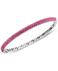 Slim, stackable style. Kaleidoscope's thin shimmering bangle makes a statement all its own, but can also be stacked with similar styles for a trendy layered look. Features round-cut rose crystals with with Swarovski Elements. Set in sterling silver. Bracelet features a hinge clasp. Approximate diameter: 2-1/2 inches. Slim, stackable style. Kaleidoscope's thin shimmering bangle makes a statement all its own, but can also be stacked with similar styles for a trendy layered look. Features round-cut rose crystals with with Swarovski Elements. Set in sterling silver. Bracelet features a hinge clasp. Approximate diameter: 2-1/2 inches.