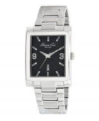 For a polished and professional look, add this dress watch by Kenneth Cole New York to your everyday routine. Stainless steel bracelet and rectangular case. Black dial features applied silver tone stick indices, numerals at three and nine o'clock, date window at six o'clock, three hands and logo. Quartz movement. Water resistant to 30 meters. Limited lifetime warranty. For a polished and professional look, add this dress watch by Kenneth Cole New York to your everyday routine. Stainless steel bracelet and rectangular case. Black dial features applied silver tone stick indices, numerals at three and nine o'clock, date window at six o'clock, three hands and logo. Quartz movement. Water resistant to 30 meters. Limited lifetime warranty.