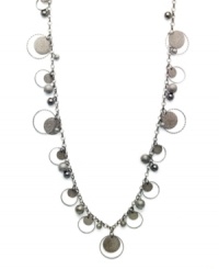 Sandblast paillettes contrast with dainty beaded details to form the striking spherical design of this long necklace from Style&co. Crafted in hematite tone mixed metal. Approximate length: 36 inches. Sandblast paillettes contrast with dainty beaded details to form the striking spherical design of this long necklace from Style&co. Crafted in hematite tone mixed metal. Approximate length: 36 inches.