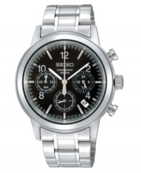 The perfect multitasking watch for the precision-oriented gentleman, by Seiko. Crafted of stainless steel bracelet and round case, 41mm. Black chronograph dial features three subdials, date window, silver tone numerals at two, four, eight, ten and twelve o'clock, applied stick indices, three hands, minute track and logo at twelve o'clock. Quartz movement. Water resistant to 100 meters. Three-year limited warranty. The perfect multitasking watch for the precision-oriented gentleman, by Seiko. Crafted of stainless steel bracelet and round case, 41mm. Black chronograph dial features three subdials, date window, silver tone numerals at two, four, eight, ten and twelve o'clock, applied stick indices, three hands, minute track and logo at twelve o'clock. Quartz movement. Water resistant to 100 meters. Three-year limited warranty.