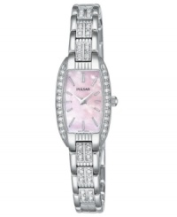 Perfectly pretty, all day and all night. This versatile Pulsar watch features a stainless steel bracelet and rounded rectangular case. Bezel and bracelet crystallized by Swarovski elements. Pink mother-of-pearl dial with silvertone stick indices and logo. Quartz analog movement. Water resistant to 30 meters. Three-year limited warranty. Perfectly pretty, all day and all night. This versatile Pulsar watch features a stainless steel bracelet and rounded rectangular case. Bezel and bracelet crystallized by Swarovski elements. Pink mother-of-pearl dial with silvertone stick indices and logo. Quartz analog movement. Water resistant to 30 meters. Three-year limited warranty.