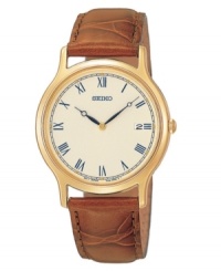 Splendid roman numerals complete the honorable aged look of this Seiko watch. Brown leather strap with stitching and goldtone round stainless steel case, 32mm. Champagne dial with roman numerals, date window, logo and two hands. Analog quartz movement. Water resistant to 30 meters. Three-year limited warranty. Splendid roman numerals complete the honorable aged look of this Seiko watch. Brown leather strap with stitching and goldtone round stainless steel case, 32mm. Champagne dial with roman numerals, date window, logo and two hands. Analog quartz movement. Water resistant to 30 meters. Three-year limited warranty.