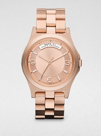The warm glow of a rose goldtone finish over stainless steel is done in an elegant combination of brushed and polished finishes in this boldly sized bracelet watch.Quartz movementWater resistant to 5 ATMRose goldtone finished stainless steel round case, 40mm diameter (1.57)Smooth bezelRose goldtone sunray dialArabaic numerals and bar hour markersSecond handBrushed and polished rose goldtone finished link braceletDeployant foldover claspImported The warm glow of a rose goldtone finish over stainless steel is done in an elegant combination of brushed and polished finishes in this boldly sized bracelet watch.Quartz movementWater resistant to 5 ATMRose goldtone finished stainless steel round case, 40mm diameter (1.57)Smooth bezelRose goldtone sunray dialArabaic numerals and bar hour markersSecond handBrushed and polished rose goldtone finished link braceletDeployant foldover claspImported