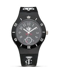 Fade to black. In a cool hue, Juicy Couture's sporty-glam rubber watch instantly injects any look with a timely burst of color. Fade to black. In a cool hue, Juicy Couture's sporty-glam rubber watch instantly injects any look with a timely burst of color.