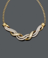A classic 14k gold necklace with a sparkling twist. 14k gold bands of round-cut and baguette-cut diamonds (1/2 ct. t.w.) swirl together. Approximate length: 15-1/2 inches. A classic 14k gold necklace with a sparkling twist. 14k gold bands of round-cut and baguette-cut diamonds (1/2 ct. t.w.) swirl together. Approximate length: 15-1/2 inches.