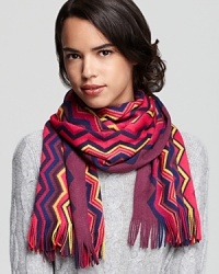 Zig-zag your way to style with Aqua's fringed, knit scarf in neutrals, blues or neons. Zig-zag your way to style with Aqua's fringed, knit scarf in neutrals, blues or neons.