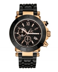 Make a statement without saying a word. This style by Gc Swiss Made Timepieces is as functional as it is attractive. Black ion-plated stainless steel bracelet and round rose goldtone case. Black numeral-etched bezel and black ABS pusher above the crown. Carbon fiber dial features Roman numerals, stick indices, date window, SuperLuminova-coated hands, logo and unique two-eye chronograph. Swiss movement. Water resistant to 100 meters. Ten-year limited warranty. Luxury Gc gift box packaging included. Make a statement without saying a word. This style by Gc Swiss Made Timepieces is as functional as it is attractive. Black ion-plated stainless steel bracelet and round rose goldtone case. Black numeral-etched bezel and black ABS pusher above the crown. Carbon fiber dial features Roman numerals, stick indices, date window, SuperLuminova-coated hands, logo and unique two-eye chronograph. Swiss movement. Water resistant to 100 meters. Ten-year limited warranty. Luxury Gc gift box packaging included.