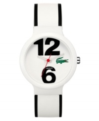 Edgier than your average tennis whites. Goa watch by Lacoste crafted of white and black silicone strap and round white plastic case. White dial features oversized black numerals at twelve and six o'clock, iconic crocodile logo at three o'clock, cut-out hour and minute hands and red second hand. Quartz movement. Water resistant to 30 meters. Two-year limited warranty. Edgier than your average tennis whites. Goa watch by Lacoste crafted of white and black silicone strap and round white plastic case. White dial features oversized black numerals at twelve and six o'clock, iconic crocodile logo at three o'clock, cut-out hour and minute hands and red second hand. Quartz movement. Water resistant to 30 meters. Two-year limited warranty.