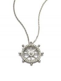 THE LOOKShip wheel pendant.46 tcw diamonds14k white gold settingLobster claspTHE MEASUREMENTPendant diameter, about 1Length, about 16ORIGINMade in USA THE LOOKShip wheel pendant.46 tcw diamonds14k white gold settingLobster claspTHE MEASUREMENTPendant diameter, about 1Length, about 16ORIGINMade in USA