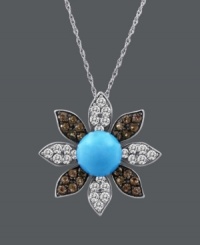 Freshen your look with a touch of floral. Carlo Viani's resplendent pendant highlights a round-cut turquoise center (3-5/8 mm) with petals covered in round-cut white sapphire (1/2 ct. t.w.) and smokey quartz (3/8 ct. t.w.). Crafted in 14k white gold. Approximate length: 18 inches. Approximate drop: 1 inch. Freshen your look with a touch of floral. Carlo Viani's resplendent pendant highlights a round-cut turquoise center (3-5/8 mm) with petals covered in round-cut white sapphire (1/2 ct. t.w.) and smokey quartz (3/8 ct. t.w.). Crafted in 14k white gold. Approximate length: 18 inches. Approximate drop: 1 inch.