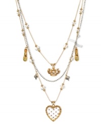 A heart in the right place. This three-row illusion necklace from Betsey Johnson is crafted from gold-tone and silver-tone mixed metal with colorful glass crystals and beads adorning it for a stylish touch. Approximate length: 16 inches + 3-inch extender. Approximate drop: 4 inches. A heart in the right place. This three-row illusion necklace from Betsey Johnson is crafted from gold-tone and silver-tone mixed metal with colorful glass crystals and beads adorning it for a stylish touch. Approximate length: 16 inches + 3-inch extender. Approximate drop: 4 inches.