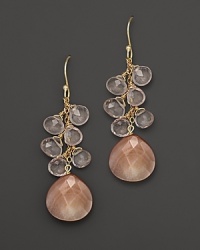 Sheer, faceted rose quartz teardrops dangle around a faceted pink shell ornament. Set in 14K yellow gold. Sheer, faceted rose quartz teardrops dangle around a faceted pink shell ornament. Set in 14K yellow gold.