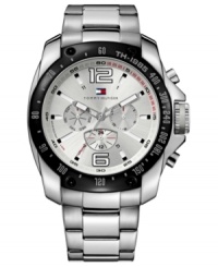A sporty black bezel adds a modern look to this classic steel watch from Tommy Hilfiger. A sporty black bezel adds a modern look to this classic steel watch from Tommy Hilfiger.
