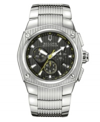 Make your mark. Dramatic styling wins on this Bulova Accutron watch from the Corvara collection. Stainless steel bracelet and round case with curved sapphire crystal. Textured black chronograph dial features silver tone stick indices, yellow tachymeter scale, date window at four o'clock, three subdials, luminous hour and minute hands, yellow second hand and logo. Swiss quartz movement. Water resistant to 100 meters. Five-year limited warranty. Make your mark. Dramatic styling wins on this Bulova Accutron watch from the Corvara collection. Stainless steel bracelet and round case with curved sapphire crystal. Textured black chronograph dial features silver tone stick indices, yellow tachymeter scale, date window at four o'clock, three subdials, luminous hour and minute hands, yellow second hand and logo. Swiss quartz movement. Water resistant to 100 meters. Five-year limited warranty.
