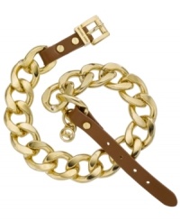 Once you go designer, you'll never go back. Michael Kors puts the cool back into your collection with this luxurious layered style. Gold tone mixed metal links combine with an adjustable chocolate leather belt buckle closure for a look that's oh-so chic. Approximate length: 14-1/2 to 16-1/2 inches. Once you go designer, you'll never go back. Michael Kors puts the cool back into your collection with this luxurious layered style. Gold tone mixed metal links combine with an adjustable chocolate leather belt buckle closure for a look that's oh-so chic. Approximate length: 14-1/2 to 16-1/2 inches.