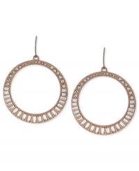 Round and resplendent. These drop earrings from Vince Camuto dazzle with baguette-cut glass stones along the circular silhouette. Crafted from rose gold-tone mixed metal. Approximate drop: 2 inches. Round and resplendent. These drop earrings from Vince Camuto dazzle with baguette-cut glass stones along the circular silhouette. Crafted from rose gold-tone mixed metal. Approximate drop: 2 inches.