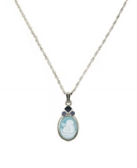 A pretty cameo pendant with an angelic spin. Vatican necklace features Raphael's iconic angel and light blue crystal accents. Setting and chain crafted in silver tone mixed metal. Approximate length: 18 inches. Approximate drop: 1/4 inch. A pretty cameo pendant with an angelic spin. Vatican necklace features Raphael's iconic angel and light blue crystal accents. Setting and chain crafted in silver tone mixed metal. Approximate length: 18 inches. Approximate drop: 1/4 inch.