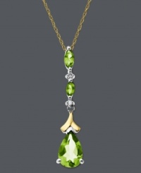 Make others green with envy. Sparkling peridot drops (1-5/8 ct. t.w) in pear and marquise-cuts are accented by round-cut diamond in a sterling silver and 14k gold setting. Approximate length: 18 inches. Approximate drop: 1-1/3 inches. Make others green with envy. Sparkling peridot drops (1-5/8 ct. t.w) in pear and marquise-cuts are accented by round-cut diamond in a sterling silver and 14k gold setting. Approximate length: 18 inches. Approximate drop: 1-1/3 inches.