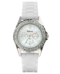 Keep the mood light with this bright and crisp watch by Style&co. White silicone strap and round silver tone mixed metal case. Bezel embellished with crystal accents. Mother-of-pearl dial features stick indices, minute track, three multifunctional subdials, three hands and logo. Quartz movement. Two-year limited warranty. Keep the mood light with this bright and crisp watch by Style&co. White silicone strap and round silver tone mixed metal case. Bezel embellished with crystal accents. Mother-of-pearl dial features stick indices, minute track, three multifunctional subdials, three hands and logo. Quartz movement. Two-year limited warranty.