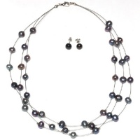 18 Black 3-String Genuine Freshwater Pearl Necklace Earrings Set 18 Black 3-String Genuine Freshwater Pearl Necklace Earrings Set
