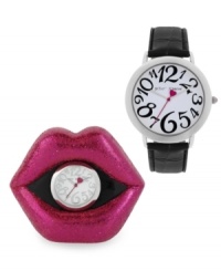 Get a good night kiss with this darling watch and clock set from Betsey Johnson. Includes a small clock with red glitter and a 26mm case. Get a good night kiss with this darling watch and clock set from Betsey Johnson. Includes a small clock with red glitter and a 26mm case.