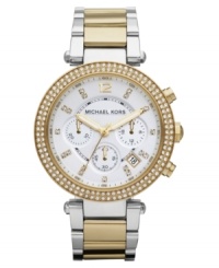 The two-tone design on this Parker watch by Michael Kors gets an elegant upgrade with crystal shimmer. The two-tone design on this Parker watch by Michael Kors gets an elegant upgrade with crystal shimmer.