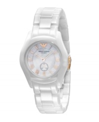 Emporio Armani makes a daring update to a classic design with crisp white ceramic and rose-goldtone accents. White ceramic bracelet and round case. White mother-of-pearl dial features rose-goldtone Roman numerals at markers, logo at twelve o'clock, second subdial at six o'clock and cut-out hour and minute hands. Quartz movement. Water resistant to 30 meters. Two-year limited warranty. Emporio Armani makes a daring update to a classic design with crisp white ceramic and rose-goldtone accents. White ceramic bracelet and round case. White mother-of-pearl dial features rose-goldtone Roman numerals at markers, logo at twelve o'clock, second subdial at six o'clock and cut-out hour and minute hands. Quartz movement. Water resistant to 30 meters. Two-year limited warranty.