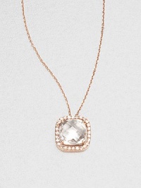 A faceted, cushion-cut chalcedony stone surrounded by dazzling white sapphires set in 14k rose gold on a delicate link chain. ChalcedonyWhite sapphire14k rose goldLength, about 16Pendant size, about .3 Spring ring closureMade in USA