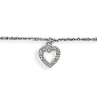 Sterling Silver 9 Inch Rhodium Plated Anklet with CZ Heart Sterling Silver 9 Inch Rhodium Plated Anklet with CZ Heart