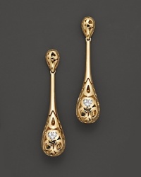 From the Mauresque collection, teardrop lace-inspired earrings in 18 Kt. yellow gold with diamond pavé. With signature ruby accent. Designed by Roberto Coin. From the Mauresque collection, teardrop lace-inspired earrings in 18 Kt. yellow gold with diamond pavé. With signature ruby accent. Designed by Roberto Coin.