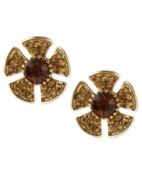 Pick these flower stud earrings from Betsey Johnson. Crafted from gold-tone mixed metal, the pair dazzles with topaz-colored glass crystal accents. Approximate drop: 5/8 inch. Pick these flower stud earrings from Betsey Johnson. Crafted from gold-tone mixed metal, the pair dazzles with topaz-colored glass crystal accents. Approximate drop: 5/8 inch.