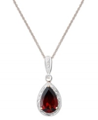 Crimson perfection. A pear-cut garnet (3 ct. t.w.) is the focal point amongst a ring of sparkling diamond accents. Necklace crafted in 14k rose gold. Approximate length: 18 inches. Approximate drop: 1 inch. Crimson perfection. A pear-cut garnet (3 ct. t.w.) is the focal point amongst a ring of sparkling diamond accents. Necklace crafted in 14k rose gold. Approximate length: 18 inches. Approximate drop: 1 inch.