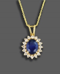 Cosmopolitan style with timeless appeal. This stunning Royalty Inspired by Effy Collection pendant features an oval-cut sapphire (2 ct. t.w.) and round-cut diamonds (3/8 ct. t.w.) set in 14k gold. Approximate length: 18 inches. Approximate drop: 3/4 inch. Cosmopolitan style with timeless appeal. This stunning Royalty Inspired by Effy Collection pendant features an oval-cut sapphire (2 ct. t.w.) and round-cut diamonds (3/8 ct. t.w.) set in 14k gold. Approximate length: 18 inches. Approximate drop: 3/4 inch.