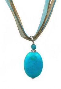 Necklace - N65 - Genuine Semi Precious Turquoise Gemstone hung on Five-Strand Organza and Cotton Cord + 2 Extension Chain - Oval Shape ~ Aqua & Brown Cord Necklace - N65 - Genuine Semi Precious Turquoise Gemstone hung on Five-Strand Organza and Cotton Cord + 2 Extension Chain - Oval Shape ~ Aqua & Brown Cord