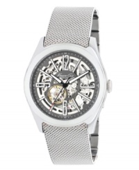 The timepiece of modern men. Watch by Kenneth Cole New York crafted of stainless steel mesh bracelet and round case. Gray skeleton dial features applied silver tone grate with numerals at twelve, three, six and nine o'clock, stick indices, luminous hands and logo. Automatic movement. Water resistant to 30 meters. Limited lifetime warranty. The timepiece of modern men. Watch by Kenneth Cole New York crafted of stainless steel mesh bracelet and round case. Gray skeleton dial features applied silver tone grate with numerals at twelve, three, six and nine o'clock, stick indices, luminous hands and logo. Automatic movement. Water resistant to 30 meters. Limited lifetime warranty.