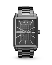 Modern with a boldly sized face. Armani Exchange's matte gray-plated tank watch boasts an angular design and advanced three hand movement, making it a smart choice for the office and cool enough to take off the clock. Modern with a boldly sized face. Armani Exchange's matte gray-plated tank watch boasts an angular design and advanced three hand movement, making it a smart choice for the office and cool enough to take off the clock.