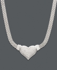 A modern spin on a traditional heart pendant. A gift she will treasure forever, necklace features a unique woven mesh chain with a heart dusted in sparkling diamond (1/2 ct. t.w.). Crafted in sterling silver. Approximate length: 18 inches. Approximate drop: 1 inch. A modern spin on a traditional heart pendant. A gift she will treasure forever, necklace features a unique woven mesh chain with a heart dusted in sparkling diamond (1/2 ct. t.w.). Crafted in sterling silver. Approximate length: 18 inches. Approximate drop: 1 inch.