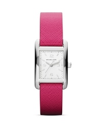 A fine stainless steel dial tops a slim, sophisticated Michael Kors watch set on brightly hued leather strap. A fine stainless steel dial tops a slim, sophisticated Michael Kors watch set on brightly hued leather strap.