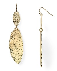 Delicate and textured. Aqua captures this season's luxe bohemian mood with this pair of hammered gold-plated oval drop earrings. Delicate and textured. Aqua captures this season's luxe bohemian mood with this pair of hammered gold-plated oval drop earrings.