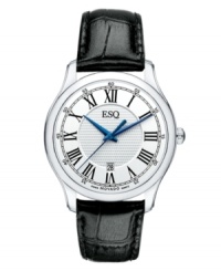 Stately and classic, the Filmore by ESQ by Movado. Black croc-embossed leather strap and round stainless steel case. Silvertone dial with textured inner dial features black Roman numerals at markers, printed minute track, date window at six o'clock, three blue hands and logo at twelve o'clock. Swiss quartz movement. Water resistant to 30 meters. Two-year limited warranty. Stately and classic, the Filmore by ESQ by Movado. Black croc-embossed leather strap and round stainless steel case. Silvertone dial with textured inner dial features black Roman numerals at markers, printed minute track, date window at six o'clock, three blue hands and logo at twelve o'clock. Swiss quartz movement. Water resistant to 30 meters. Two-year limited warranty.