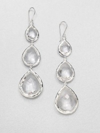 Three sparkling, faceted clear quartz stones set in hammered sterling silver in a long, drop design. Clear quartzSterling silverDrop, about 2.75Hook backImported Three sparkling, faceted clear quartz stones set in hammered sterling silver in a long, drop design. Clear quartzSterling silverDrop, about 2.75Hook backImported