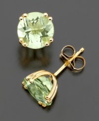 Beautiful 14k gold studs feature the serene glow of round-cut green quartz (3-1/4 ct. t.w.). Beautiful 14k gold studs feature the serene glow of round-cut green quartz (3-1/4 ct. t.w.).