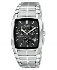 Sleek sophistication pairs perfectly with exceptional functionality. Citizen's Chronograph Eco-Drive is powered efficiently by light alone and features a stainless steel bracelet and rectangular case. Black textured dial with three subdials, angled silvertone indices, date window and logo. Analog movement. Water resistant to 100 meters. Five-year warranty. Sleek sophistication pairs perfectly with exceptional functionality. Citizen's Chronograph Eco-Drive is powered efficiently by light alone and features a stainless steel bracelet and rectangular case. Black textured dial with three subdials, angled silvertone indices, date window and logo. Analog movement. Water resistant to 100 meters. Five-year warranty.