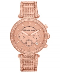 The rosy design on this Parker watch by Michael Kors gets a sophisticated upgrade with crystal sparkle. The rosy design on this Parker watch by Michael Kors gets a sophisticated upgrade with crystal sparkle.
