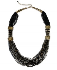 Change the tone of your evening with this moody statement necklace from Style&co. Multiple strands are embellished with black plastic beads with stations accented with glass details. Crafted in gold tone mixed metal. Approximate length: 29 inches + 3-inch extender. Change the tone of your evening with this moody statement necklace from Style&co. Multiple strands are embellished with black plastic beads with stations accented with glass details. Crafted in gold tone mixed metal. Approximate length: 29 inches + 3-inch extender.