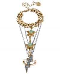 Quite heavenly. Betsey Johnson's lightning bolt ring is connected to a bracelet crafted from gold-tone mixed metal, with gold-tone and glass crystal accent stars for a look that's striking. Approximate length: 6-8-3/4 inches. Size 7. Quite heavenly. Betsey Johnson's lightning bolt ring is connected to a bracelet crafted from gold-tone mixed metal, with gold-tone and glass crystal accent stars for a look that's striking. Approximate length: 6-8-3/4 inches. Size 7.