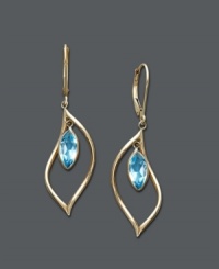 Cool blues. Earrings feature bezel-set blue topaz drops (2-1/2 ct. t.w.) crafted in a dainty 14k gold hoop setting. Approximate drop: 1-1/2 inches.